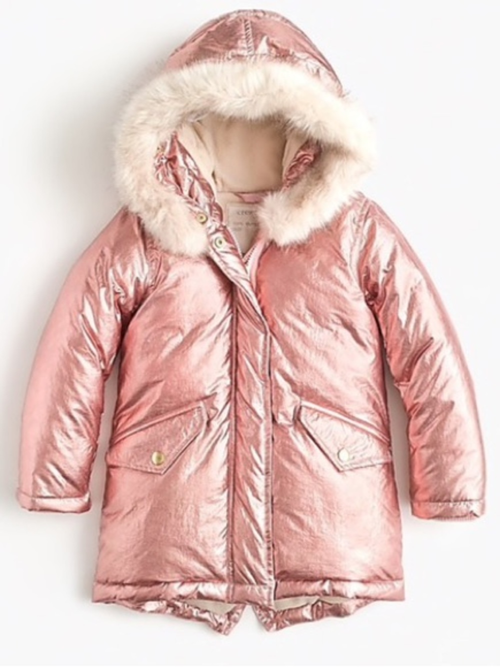 J. Crew Crewcuts Metallic Rose Gold Pink Faux-Fur Trim Hooded Puffer